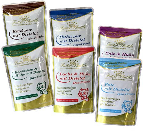 Sparpaket Katzenfutter Nassfutter. 72 x 100g Beutel Gold Edition. Nassfutter für Katzen inhöchster Güte. Gold Edition Pur Linie. Gönnen Sie Ihrer Katze eines der hochwertigsten Nassfutter für Katzen