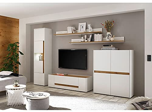 Lomadox Wohnzimmer 5-TLG. Set inkl. Beleuchtung in weiß mit Absetzungen in Wotan Eiche Nb., B/H/T: ca. 350/197/45 cm