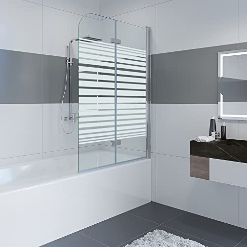 IMPTS 100x140 cm Duschabtrennung/Duschwand für Badewanne aus Glas, Links, Dekor Querstreifen, Alpinweiß, Badewannenaufsatz inkl. Nanobeschichtung
