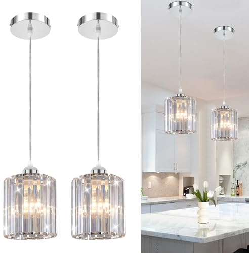 TISLYCO Paquete de 2 luces colgantes de cristal, luces colgantes de isla de cocina, cromo plateado, 5.5 x 5.9 pulgadas, estilo glamuroso, montaje semiempotrado, uso doméstico