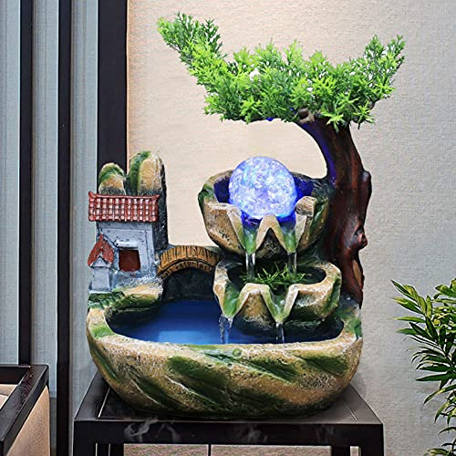 RibasuBB Zimmerbrunnen mit Beleuchtung, LED Zimmerbrunnen Tisch Spring Brunnen Wasser Kugel Spiel mit Lampe und Zerstäuber Schlafzimmer Wohnzimmer Studie Wasserornament