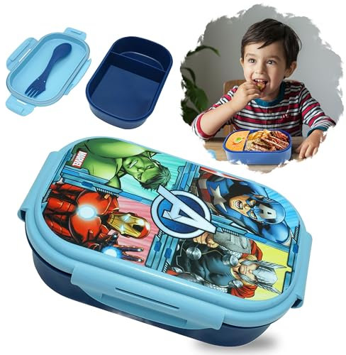 Lonchera de plástico de 20 cm para niños, viaje de verano, picnic, viaje escolar, sin BPA, Capitán América, Iron Man Thor (cuchara, tenedor, cuchillo) de los Vengadores