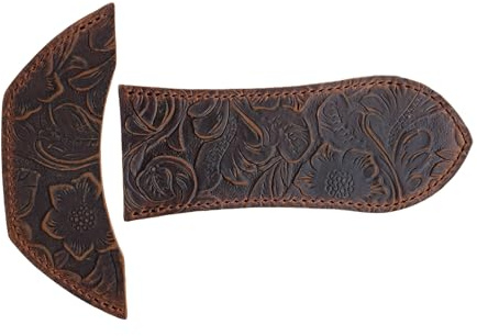 JJNUSA Leather Cast Iron Handle Cover，Skillet Handle Cover, Handmade Full Grain Crazy Horse Leather Handle Protector (2 Pack) Flower Brown