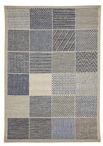 andiamo Kurzflorteppich Clyde Webteppich ohne Flor Kästchen Design beige-blau, 67 x 120 cm
