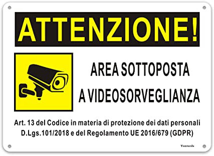 Cartello area videosorvegliata per ragioni di sicurezza 25 x18cm in Alluminio Cartelli videosorveglianza per proprietà privata e negozio