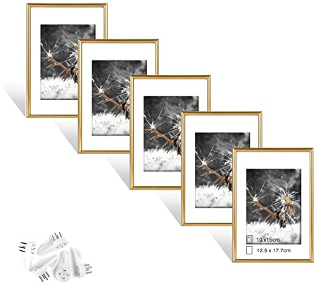 Dmyifan Bilderrahmen 13x18 cm Gold 5er Set | Picture Frame | Für Kinderzeichnungen, Fotos, Poster und Illustrationen, zum Aufhängen, geeignet für Kinderzimmer, Wohnzimmer und Büro