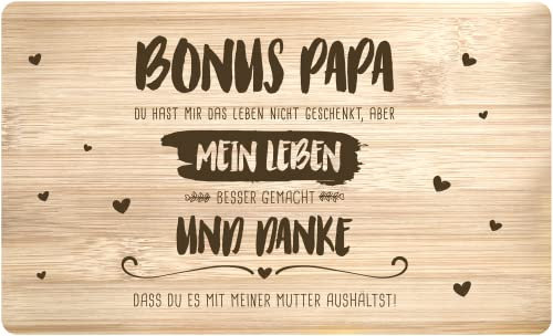 Tassenbrennerei Frühstücksbrettchen mit Spruch - Bonus Papa, du hast mein Leben besser gemacht - Echtholz Made in Germany - Geschenk für Stiefvater (Bonus Papa)