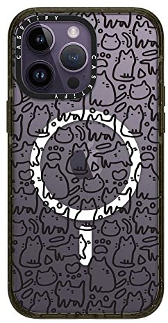 CASETiFY Impact iPhone 14 Pro Max Case [4X Military Grade Drop Tested / 8.2ft Drop Protection/Compatible with Magsafe] - Funny doodle kitty cats pattern - Clear Black
