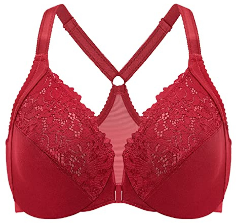 Delimira Women's Front Fastening Bra Racer Back Lace Plus Size Non Padded Underwired Dark Red 42DD