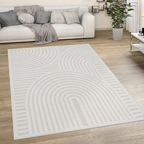 Paco Home Outdoor Teppich wetterfest & langlebig Moderne Boho-Designs mit 3D-Effekt Skandi-Look UV-beständig & robust für Balkon, Garten, Wohnzimmer & Küche, Grösse:200 cm Rund, Farbe:Creme 4