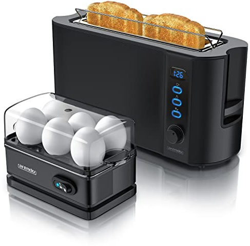 Arendo - SET Toaster FRUKOST mit Eierkocher SIXCOOK Edelstahl Schwarz, Toaster 2 Scheiben, LED-Display, 6 Bräunungsgrade, Brötchenhalter - Eierkocher 1-6 Eier, Messbecher