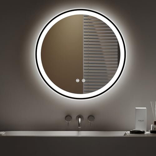 Warmiehomy Bathroom Mirror with LED Lights,Round 600mm Illuminated LED Bathroom Mirror with 3 Colour Dimmable Lights Demister Pad Touch Control,Black Frame