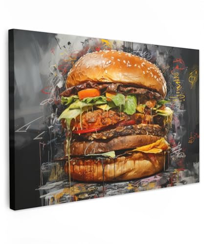 MuchoWow© Wandbilder 90x60 cm Schlafzimmer Home Deko Wohnung Bild Wohnzimmer Fotoleinwand Wand Bilder Leinwand Wall Decor Banksy - Street Pop Art - Burger - Essen - Kunst - Grau - Graffiti