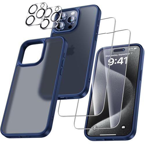 UniqueMe für iPhone 15 Pro Hülle, 5-in-1-Set Handyhülle für iPhone 15 Pro Case Rundumschutz Schutzhülle Cover, 1 Handyhülle & 2 Schutzfolie & 2 Kameraschutz - Blau