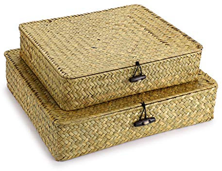 SUMNACON 2PCS Rattankorb aus Natürliche Seegras mit Deckel Handarbeiten Aufbewahrungskiste Aufbewahrungskörbe Ordnung Korb für Küche Badezimmer Schlafzimmer Gross+Klein(Rechteckig,Gelb)
