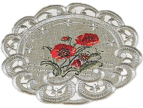 Espamira Deckchen Rund 20 cm Roter Mohn Antikgrün Tischdecke Tischdekoration Untersetzer Bestickt Grün Rot Tischdekoration Sommer Herbst Stoff