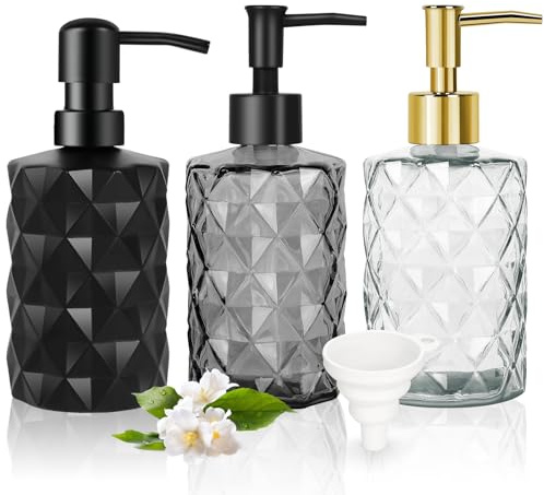 3 Pack Glass Soap Dispenser, 330ml/12oz. Liquid Hand Soap Dispenser for Bathroom and Kitchen, Hand-Pump Dispenser for Dishwashing Liquid, Lotion, Soap, Shower Gel, Essential Oil
