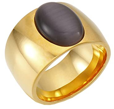 Mesnt Ringe Frauen Edelstahl, Edelstahl 15MM breiter Ring mit ovalem Stein für Damen Gold Schwarz, Größe 60 (19.1)