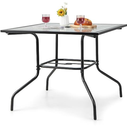 GIANTEX Dia 89 cm Table de salle à manger carrée avec plateau en verre trempé et trou pour parasol de 38 mm, table bistrot en métal pour jardin, véranda, patio, QS44544ES