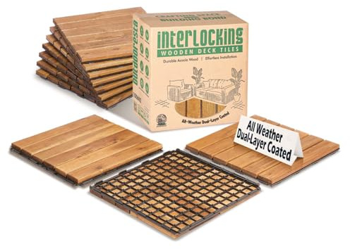 Outdooresta Interlocking Deck Tiles 10 Pcs - 12x12 Acacia Wood Patio Tile Indoor Floor - Outdoor All Weather - Balcony Decorations for Apartment - Wooden Patio Flooring Planks Outdoor Waterproof