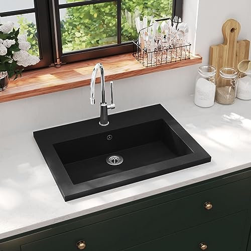 Rantry Lavabo de granito de 600 x 450 x 120 mm, color negro, lavabo para encimera para lavabo, lavabo de baño, lavabo para guardarropas pequeños, lavabos de baño