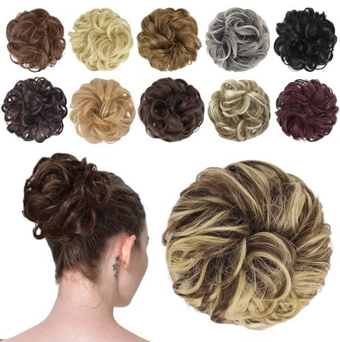 FESHFEN Chignon Postiche Cheveux Extensions Bouclés Ondulés Naturel Synthétique Chouchou Postiche de Cheval Faux Chignon Elastique pour Femme, 42g Brun Clair et Blond