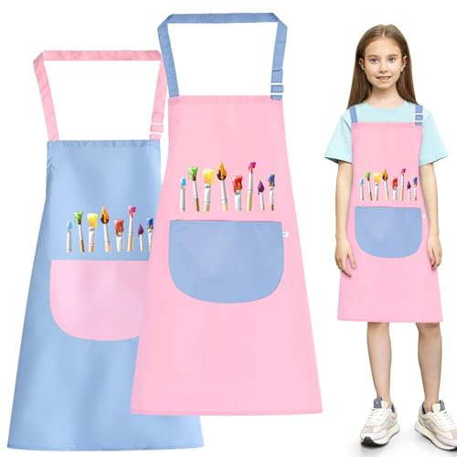 O-Kinee Malschürze Kinder, 2 Stück Schürzen Set Mit Taschen, Wasserdicht Verstellbare Kleinkind Kochschürze Für Jungen Mädchen, Basteln Malen Backen Kochen, Pink Und Blau (7-13 Jahre)