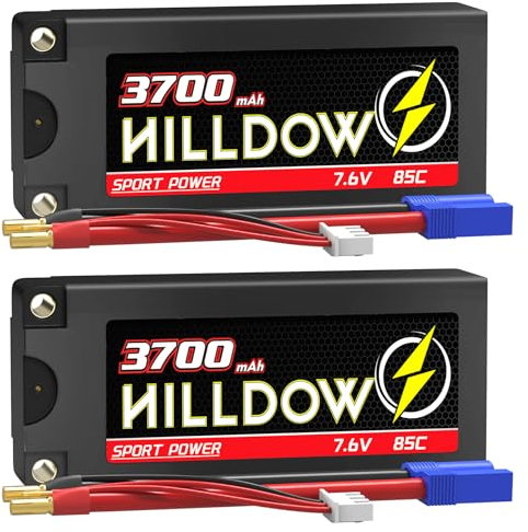 Hilldow 7.6V Lipo Battery 2S 85C 3700mAh Shorty Pack Hard Case Rechargeable Batteries with 5mm Bullet to EC3 Connector for RC 1/10 Scale Vehicles Trucks Boats RC Models(2 Packs)