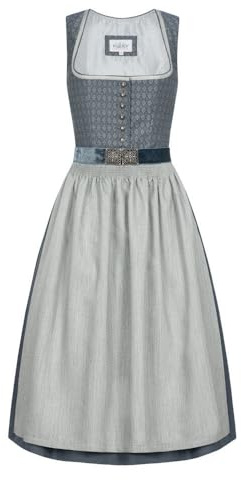 Nübler Dirndl midi Damen - 2 teilig inkl. Kleid und Dirndl Schürze, Rocklänge 70cm - Moderne bayrische Tracht, Edda Blau, Größe:38