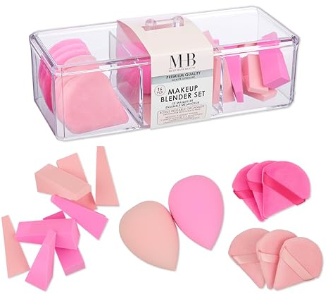 Expressions 16pc Makeup Blender Set - Pink Makeup Sponges & Beauty Essentials Organizer | Assorted Beauty Blenders, Makeup Sponges and Wedges For Flawless Makeup Application