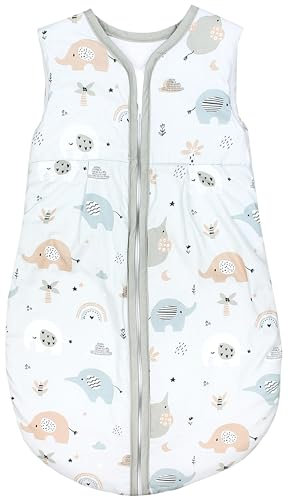 TupTam Schlafsack Baby - Wärmender Ganzjahresschlafsack 2.5 TOG, OEKO-TEX, Ärmellos, Farbe: Elefant Blau Beige Grün, Größe: 68-74