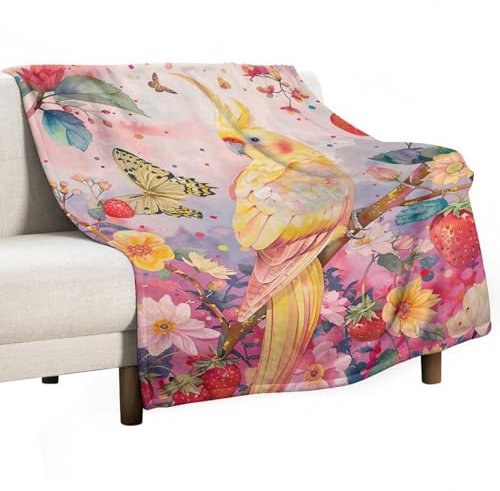 FHILTNMWC Flanelldecke, Nymphensittiche, Vogel reiten auf Erdbeerblumen, Anti-Pilling-Decke, weich, leicht, Mikrofaser, warm und gemütlich, geeignet für Bett, Wohnzimmer und Sofa, 130 x 175 cm
