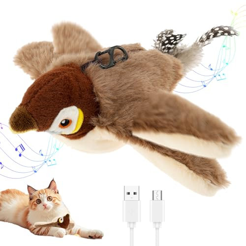 Katzenspielzeug Vogel Elektrisch aus Filz,Interaktives Katzenvogel mit integriertem Berührungssensor,Intelligenter Aufladbares Fliegender Vogel,3 Bewegungsfrequenzen,Vogelspielzeug für Katzen