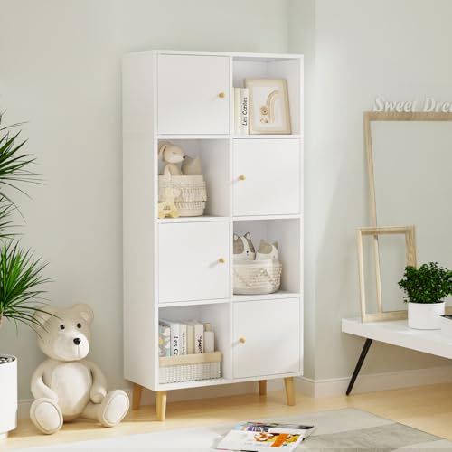 Lvhecforhm Bücherschrank Standregal, Würfelregal, Bücherregal mit 8 Fächern, Raumteiler Regal mit 4 Türen und 4 Beinen, Weiß Würfelregal Holz mit Kippschutz, Magnetverschuss 64.5x30x138cm