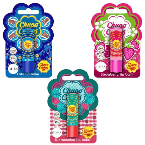 Chupa Chups Flavoured Lip Balm Set – Strawberry, Cola & Watermelon | Natural, Vegan, Dermatologically Tested | Moisturizing & Hydrating Lip Care for Kids, Teens & Adults