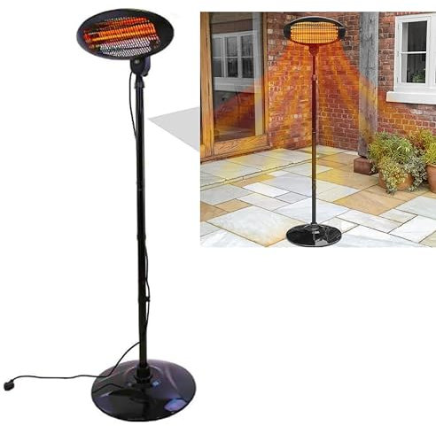 2KW Outdoor Electric Patio Heater – Adjustable Height & Angle, 3 Heat Settings, IP34 Weatherproof Freestanding Quartz Heater for Garden, Balcony & Conservatory