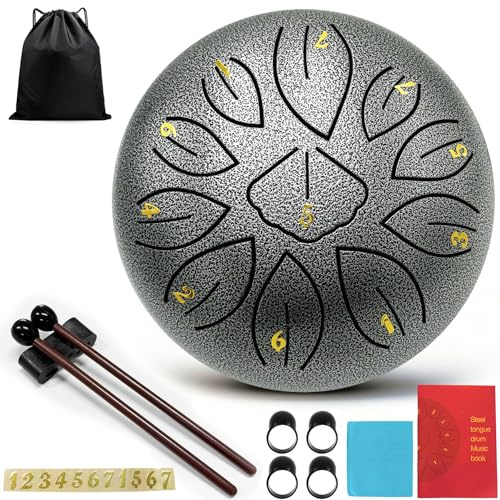 Taechalingo Zungentrommel 6 Zoll 11 Töne,Small Steel Tongue Drum,Steel Tongue Drum Klein,mit Zungentrommel Liederbuch,Schlagzeug Sticks und Stoffbeutel,Meditation Yoga Klangheilung
