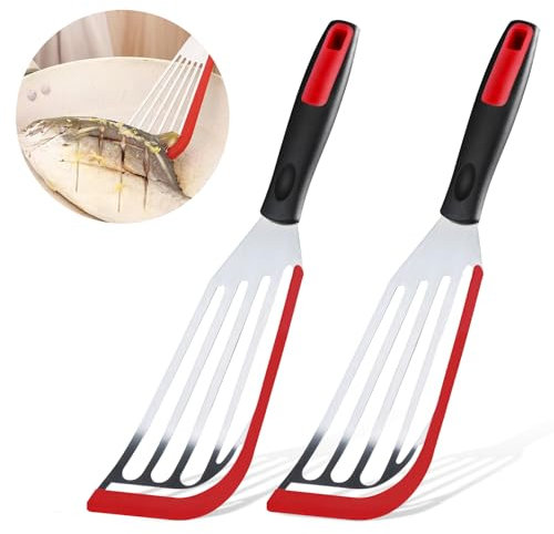 VLYX 2-Pack Fish Spatula Turner - Stainless Steel with Silicone Tips, Thin Slotted Design for Nonstick Pans, Heat-Resistant Kitchen Utensil for Eggs, Pancakes, Fish Flipping