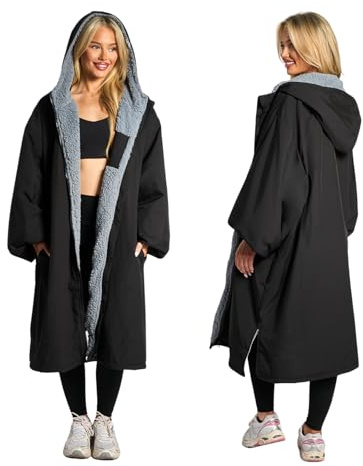 OHS Changing Robe for Men & Women, Oversized Waterproof Privacy Drying Robe Coat with Pockets Fleece Lining Long Sleeve Hooded Jacket for Beach Surfing Lounging - Black, L/XL