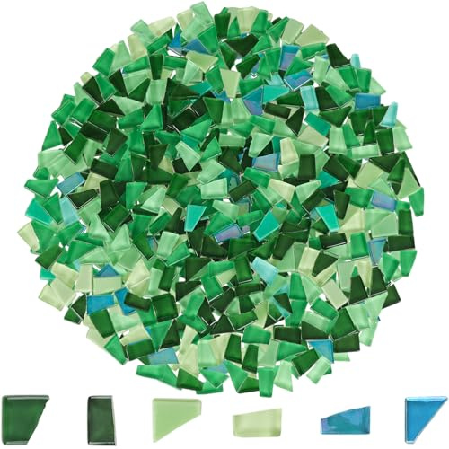 Yazikisa 500g Glas Mosaikfliesen Unregelmäßige Kristall Mosaiksteine Kristallglas Mosaikstücke Glasfliese für Basteln Handgefertigt DIY Blumentöpfe Fotorahmen Vasen Grüne Serie