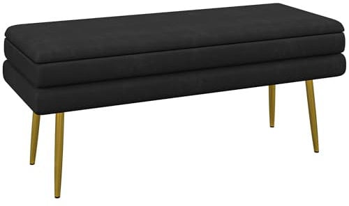HOMCOM Banc de Rangement, Bout de lit, Coffre de Rangement avec Assise Aspect Velours et Pieds Acier, 100 x 37,5 x 42 cm, Noir et doré