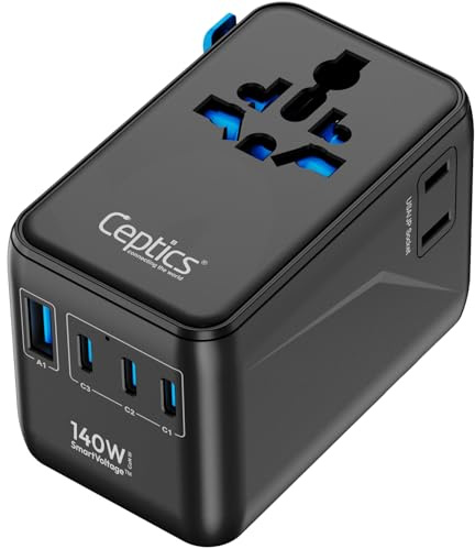 Ceptics 6 in 1 International Power Adapter with PD 140W USB-C, 1x USB-A, 3X Type C, Universal Input and 1x USA/JP Input with Type A, C, G, I Plug outlets for Global Travel – CE & RoHS Certified