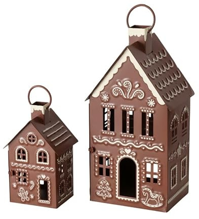 2er Set Laternen groß braun Weiss Lebkuchen Haus Metall b522 Windlichter Häuser Eisen Laternen Geschenkset Weiss Haus Silouette Kerzenhalter Ambiente Laterne Gartendeko Weihnachtsdeko