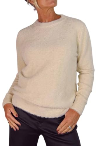 Paulo Due Women's Textured Knitted Crew Neck Jumper Ladies Soft Stretch Sweater Beige (XL/XXL 14-18)