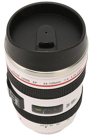 Aumotop Kaffeetasse mit Kameraobjektiv, Kreativer Edelstahlbecher, Hält Heiße/kalte Getränke für Reisende Männer und Frauen (Weiß)