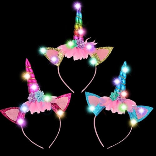 YOUYIKE 3 Stück Einhorn Haarreif für Mädchen Erwachsener LED Leuchtend Stirnband Einhorn Geburtstag Party Kostüm Accessoires Horn Haarschmuck für Karneval Ostern