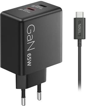 Lenovo Dual USB-C 65W GaN Charger - EU, 2 porte USB-C con split 45W+18W, caricatore compatto per notebook e dispositivi USB-C
