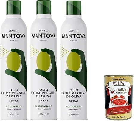 Italian Gourmet Bundle Huile d’Olive Extra Vierge Spray Fratelli Mantova 3 x 200 ml, EVOO 100% italien pressée à froid, pulvérisateur cuisine pour air fryer, poêle, salade + Italian Gourmet Polpa