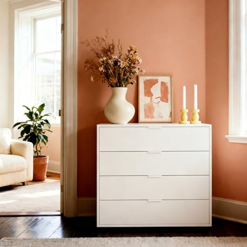 pamo Kommode mit Schubladen Sideboard Weiß – 92 x 88 cm | Schubladenschrank Aufbewahrungsschrank 4X Soft-Close Schubladen – Schlafzimmer Wohnzimmer Flur