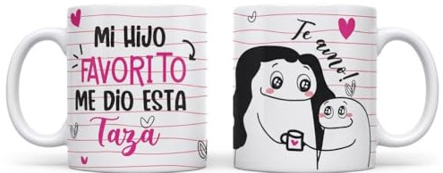 Taza de Cerámica Blanca Regalo Original para Mamá - Mi Hijo Favorito me dio esta Taza - Taza de Desayuno con Personaje Divertido Deforma - Regalo para el Día de la Madre o Cumpleaños - 350ml